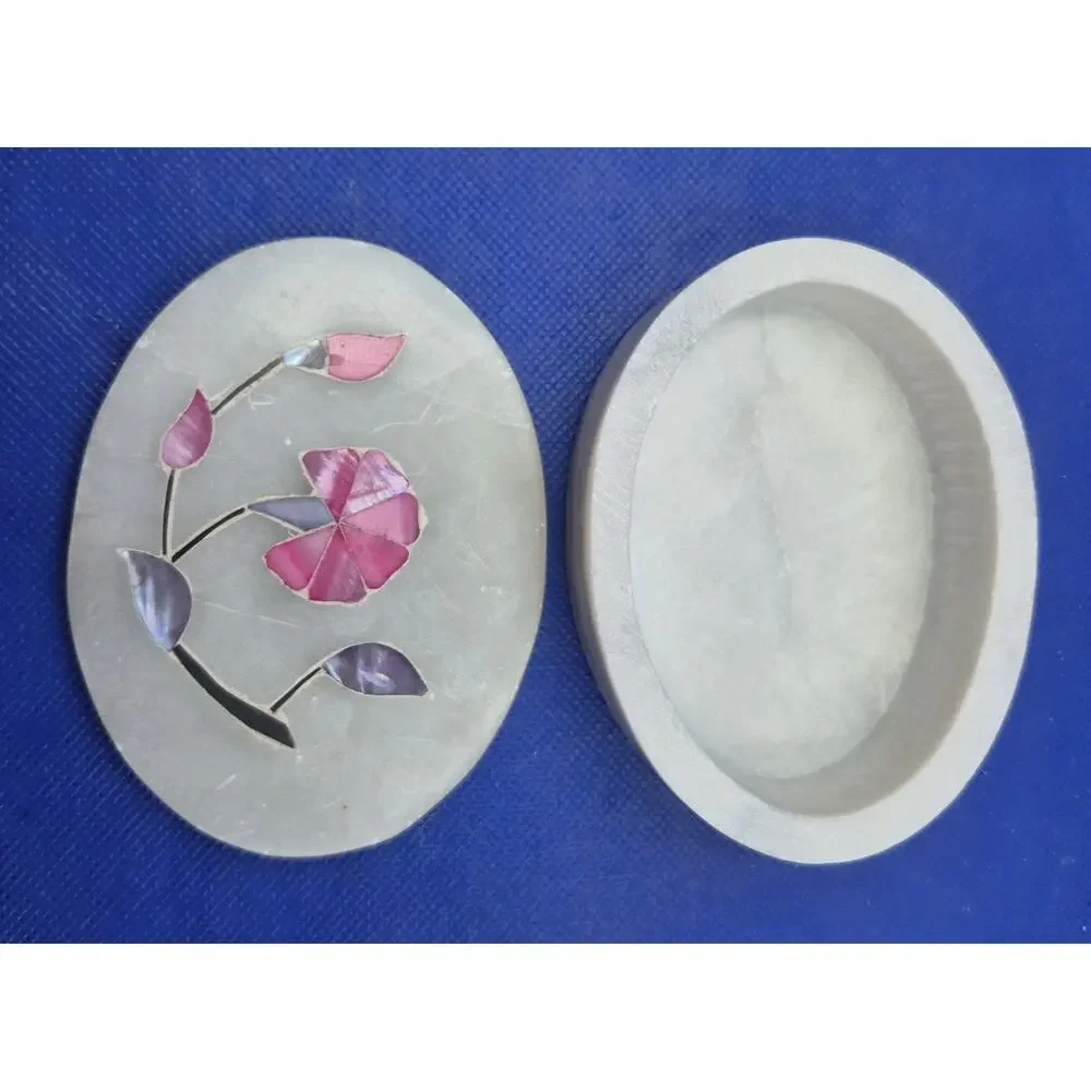 Vintage Mother of Pearl Inlay Alabaster Lidded Oval Trinket Box 4.25x3